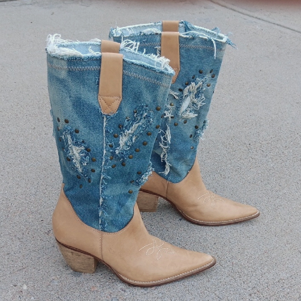 Penny Loves Kenny Denim Leather Cowgirl Boots